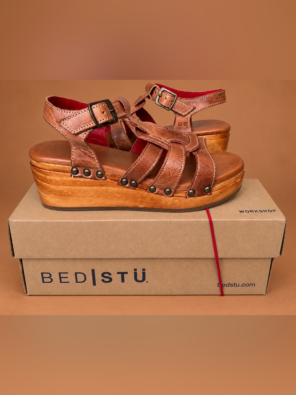 BED STU Fabiola Dark Tan Rustic Leather Platform Sandals Size 7.5 BNIB